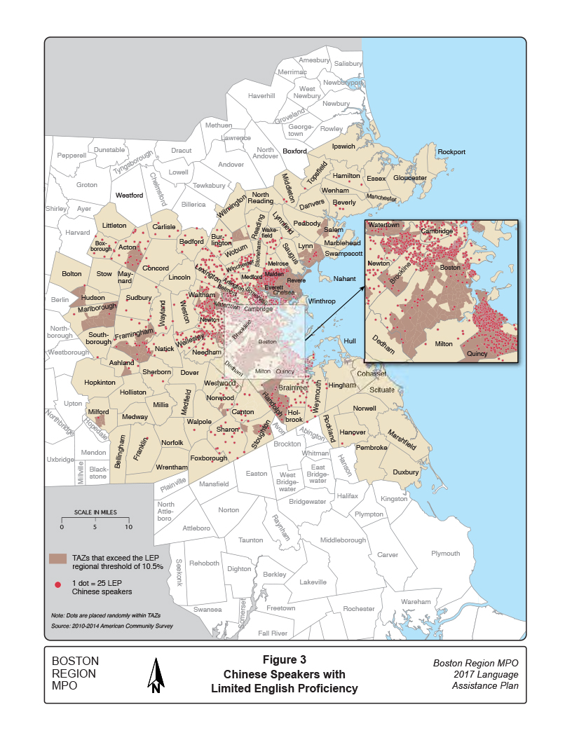 Figure 3. Chinese Speakers with Limited English Proficiency
This map shows the distribution of Chinese speakers with limited English proficiency in the Boston Region MPO area.
